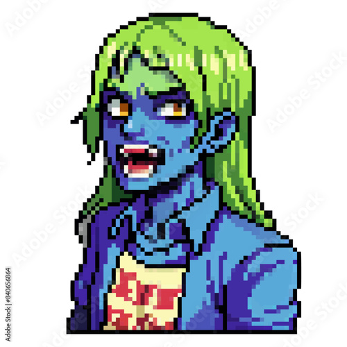A creepy zombie, bloodthirsty with menacing grin. The undead, growling, looking for victims. Pixel art, vector illustration, isolated on transparent background.