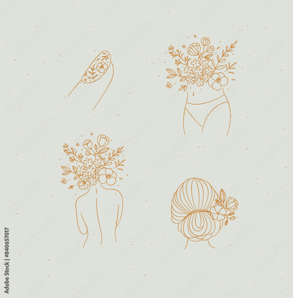 Beauty floral woman modern icons finger belly back hairstyle drawing in linear style with beige on light background