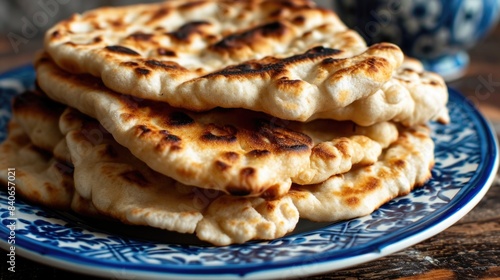 A stack of flatbread sitting on a blue and white plate