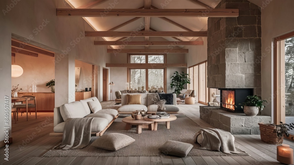 stunning 3D render of the interior of a beautiful modern house situated in a mountain forest at dawn. stunning 3D render of the interior of a beautiful modern house situated in a mountain forest at dawn.