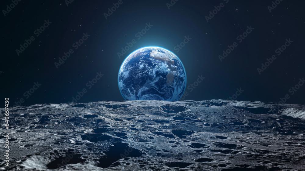 A stunning image of the Earth rising above the horizon of the Moon, with the rugged lunar surface in the foreground. A stunning image of the Earth rising above the horizon of the Moon, with the rugged lunar surface in the foreground.
