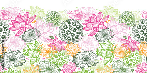 Vector waterlilies or lotuses seamless background and detailed lily pads horizontal border. Great for oriental invitation cards design.