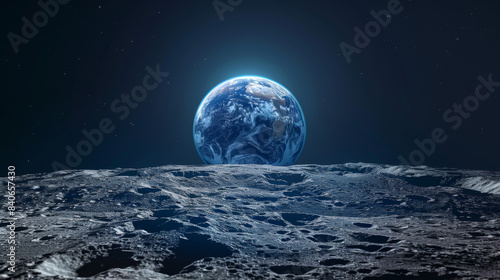 A stunning image of the Earth rising above the horizon of the Moon, with the rugged lunar surface in the foreground. 