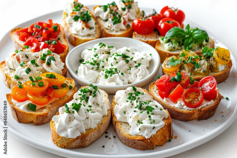 Assorted bruschetta with various toppings, vibrant and delicious, food photography Assorted bruschetta with various toppings, vibrant and delicious, food photography