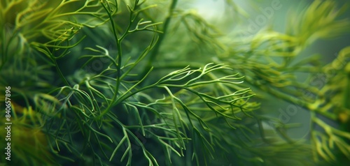 close up of dill fronds  focus on the feathery texture  tangy and fresh theme  dynamic  Fusion  seafood market backdrop