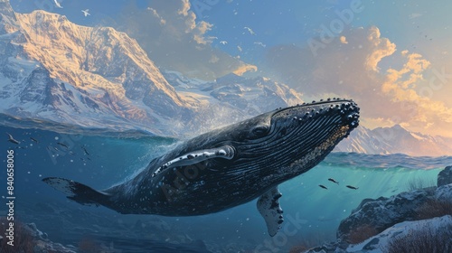 A humpback whale swimming in the open ocean, with sunlight filtering through the water