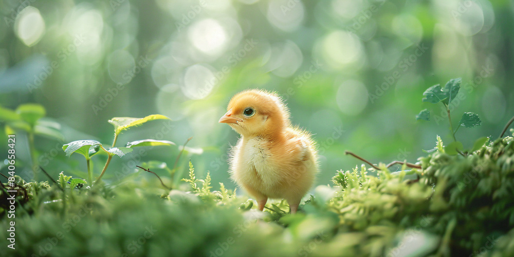 Close-up of a fluffy yellow chick in natural sunlight. Nature and wildlife concept for springtime, growth, and animal photography Close-up of a fluffy yellow chick in natural sunlight. Nature and wildlife concept for springtime, growth, and animal photography