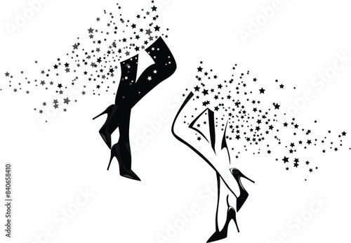 beautiful woman slim legs wearing high heels stiletto shoes with skirt madeof flying stars vector design set