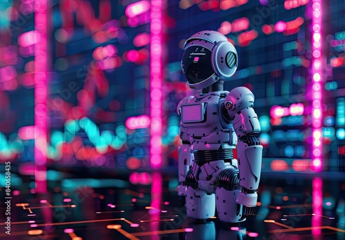 Futuristic robot, Neon lights background, Tech-themed stock photo, High-tech robot futuristic concept, Cyber world AI robot © Simon