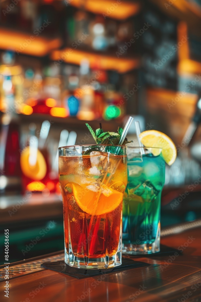 Vibrant colorful drinks in a bar, refreshing beverages with ice and fruits, trendy bar background, bright cocktails display Vibrant colorful drinks in a bar, refreshing beverages with ice and fruits, trendy bar background, bright cocktails display