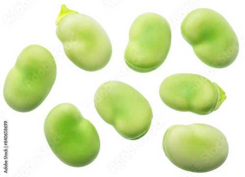 Set of green young broad beans isolated on white background. File contains clipping paths.