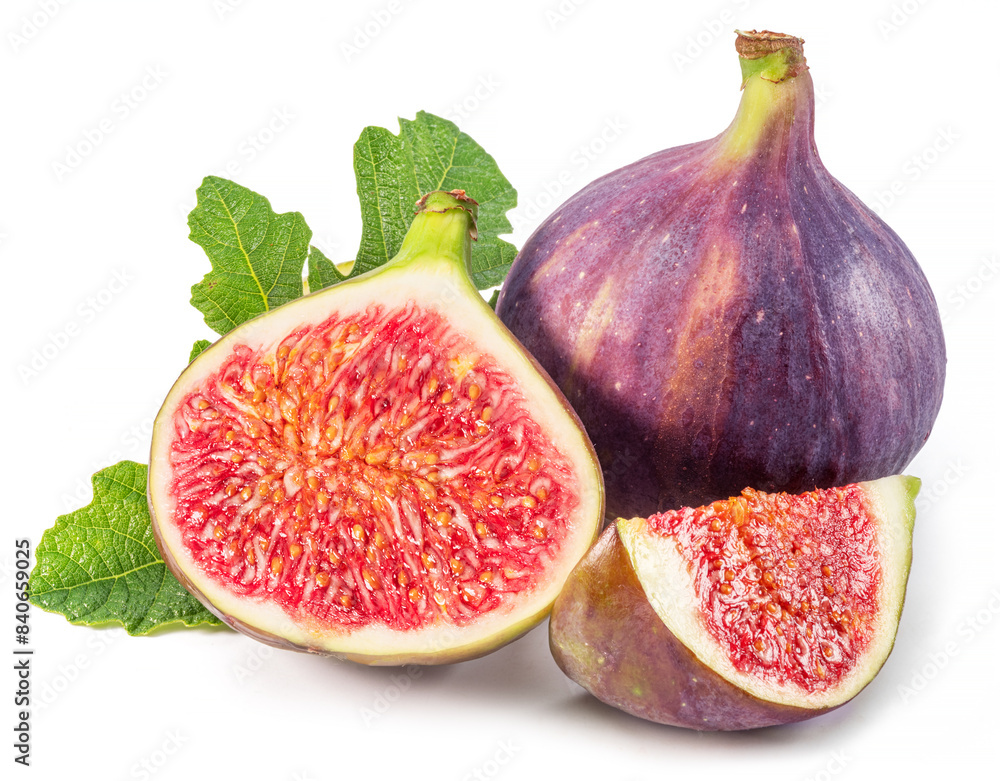 Fig fruits with fig leaves and slices of fig isolated on white background. Fig fruits with fig leaves and slices of fig isolated on white background.