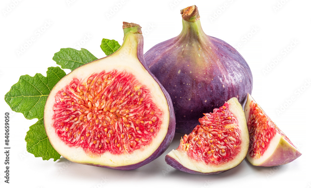Fig fruits with fig leaves and slices of fig isolated on white background. Fig fruits with fig leaves and slices of fig isolated on white background.