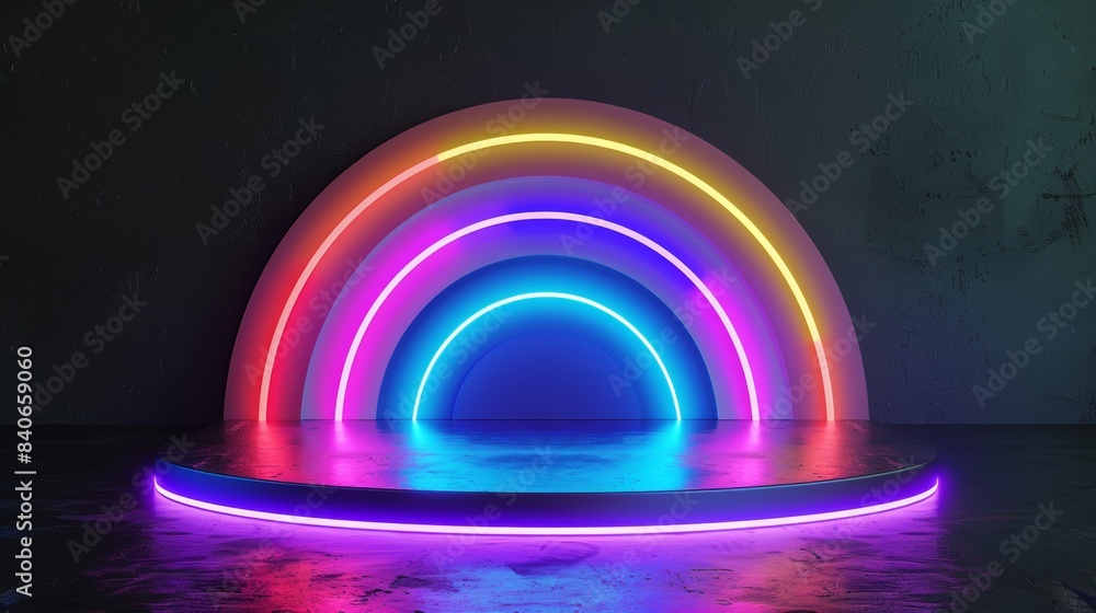 3D glowing rainbow neon light product display podium on dark background, tech style, colorful pedestal showcase for technology product, fantasy platform stage, nightclub sign frame 3D glowing rainbow neon light product display podium on dark background, tech style, colorful pedestal showcase for technology product, fantasy platform stage, nightclub sign frame