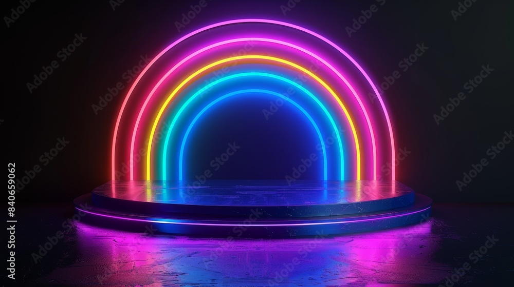 3D glowing rainbow neon light product display podium on dark background, tech style, colorful pedestal showcase for technology product, fantasy platform stage, nightclub sign frame 3D glowing rainbow neon light product display podium on dark background, tech style, colorful pedestal showcase for technology product, fantasy platform stage, nightclub sign frame