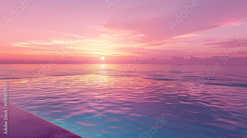 A stunning pink and purple sunset over a calm ocean  with a reflecting pool leading to the horizon  serene atmosphere  minimalistic design  isolated on white background  copy space