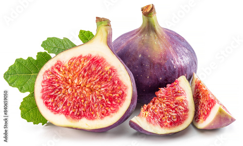 Cuadro en lienzo Fig fruits with fig leaves and slices of fig isolated on white background