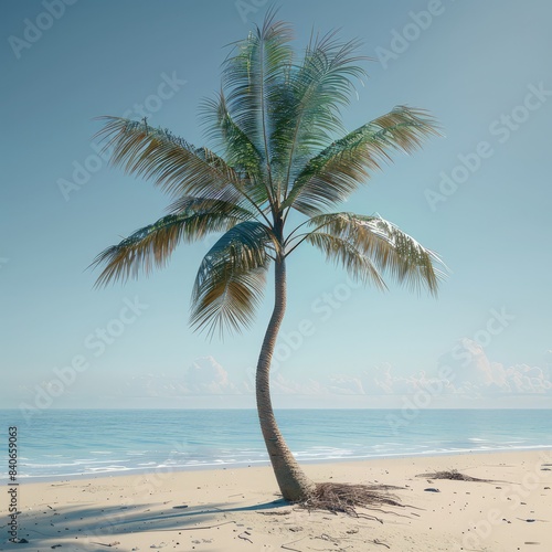 Beach Scene  Palm Tree on Beach  Coastal Landscape  Tropical Seaside  Ocean View  Sunny Day  Vacation Paradise  Serene Shoreline  Sandy Beach  Horizon Scene