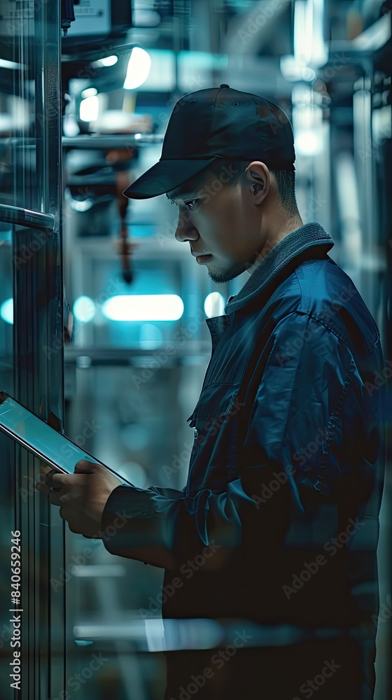 Man in dark jacket with tablet device, industrial background, dim lighting, professional setting, focused on screen, blue tones Man in dark jacket with tablet device, industrial background, dim lighting, professional setting, focused on screen, blue tones
