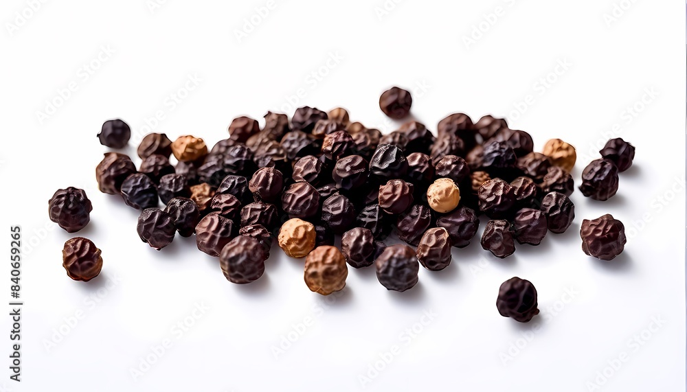 Top view of peppercorns scattered on a pristine white background, AI Generated Top view of peppercorns scattered on a pristine white background, AI Generated