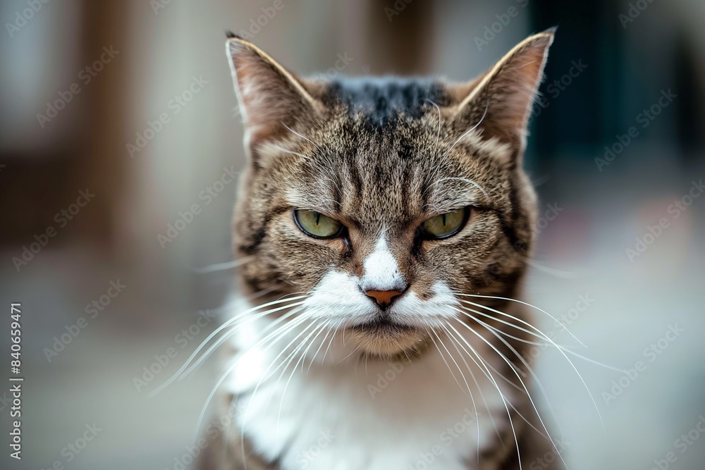 A portrait of an angry or grumpy cat with colourful eyes, standing against a plain background. The focus is on the fur texture and facial expressions, capturing its grumpy demeanor.
