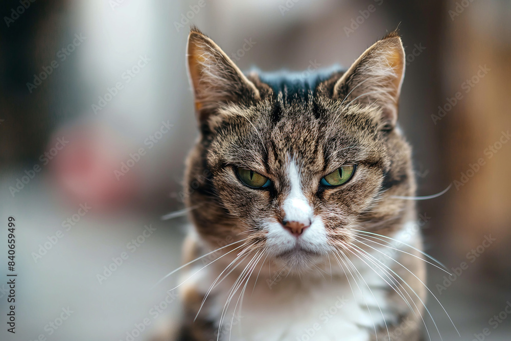 A portrait of an angry or grumpy cat with colourful eyes, standing against a plain background. The focus is on the fur texture and facial expressions, capturing its grumpy demeanor.