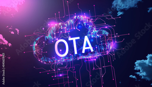 OTA technology illustration. Over-the-air update concept with digital cloud and network connections. Modern technology background for OTA services. photo