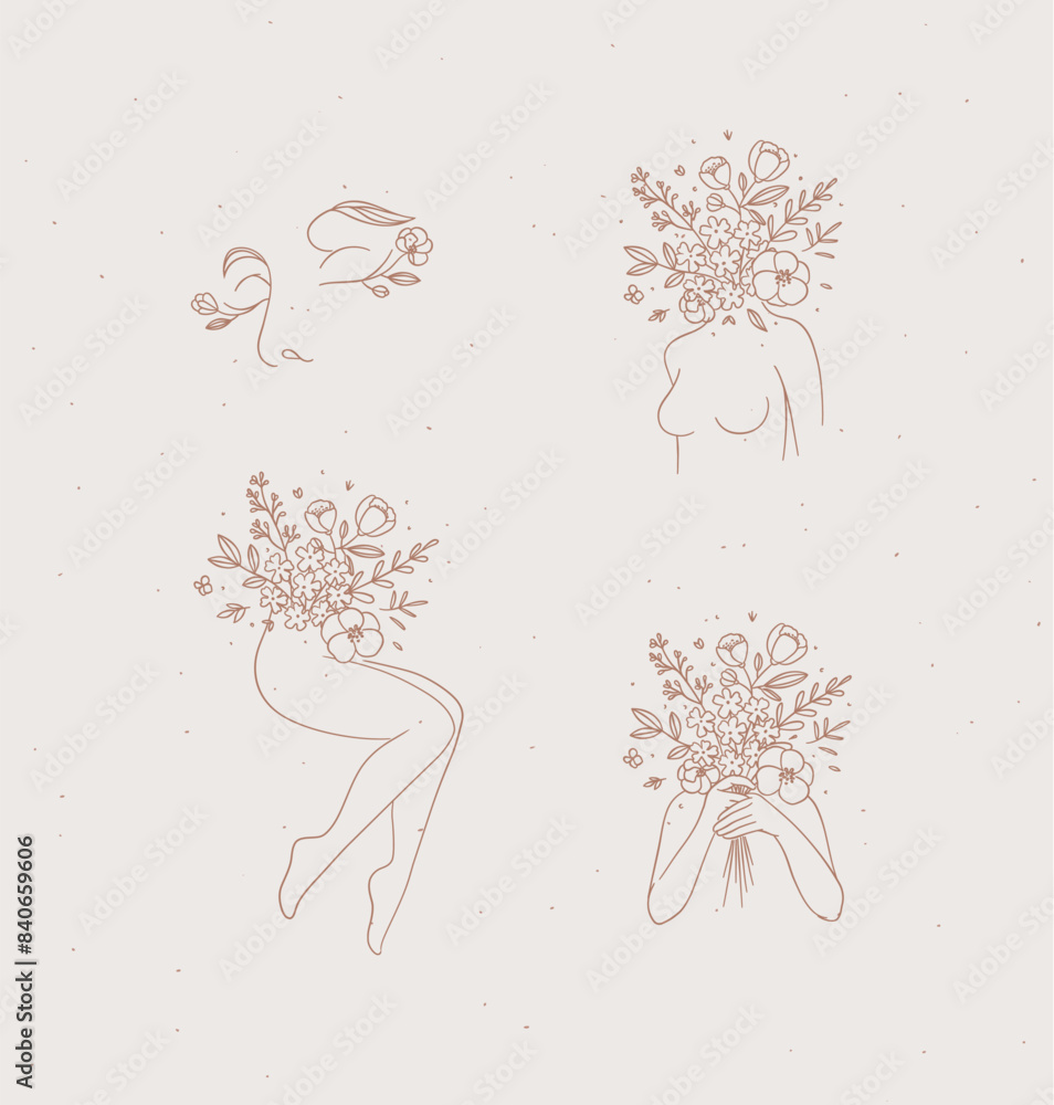 Beauty floral woman modern icons face bust legs hands with flowers drawing in linear style on light background