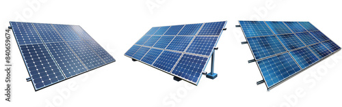 Three angled solar panels capturing sunlight for clean, renewable energy. Green technology for sustainable and efficient power generation.