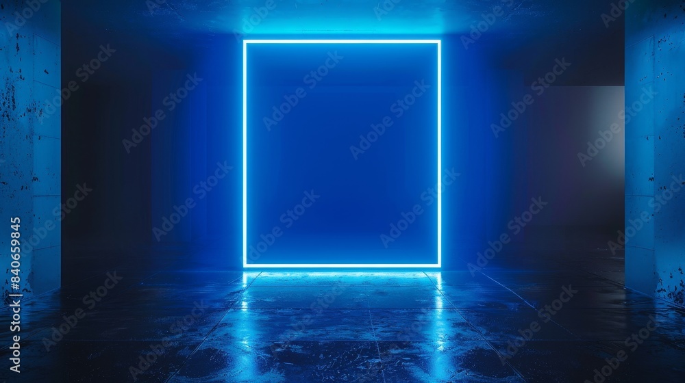 Bright blue neon light frame in a dark empty room, ideal for advertising events and showcasing modern fashion products Bright blue neon light frame in a dark empty room, ideal for advertising events and showcasing modern fashion products
