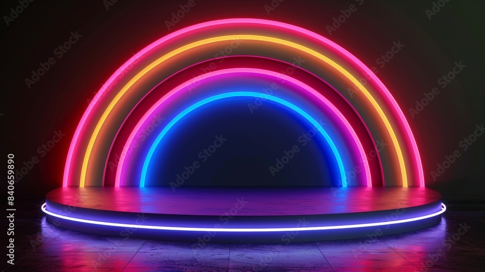 Colorful neon light podium on dark background, 3D glowing rainbow style, tech pedestal for technology product display, fantasy platform stage Colorful neon light podium on dark background, 3D glowing rainbow style, tech pedestal for technology product display, fantasy platform stage