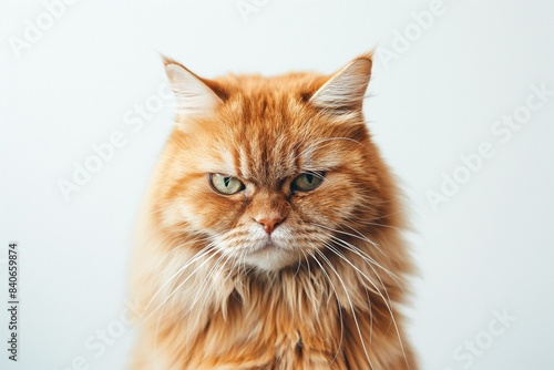 A portrait of an angry or grumpy cat with colourful eyes, standing against a plain background. The focus is on the fur texture and facial expressions, capturing its grumpy demeanor.