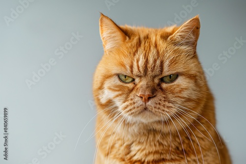 A portrait of an angry or grumpy cat with colourful eyes, standing against a plain background. The focus is on the fur texture and facial expressions, capturing its grumpy demeanor.