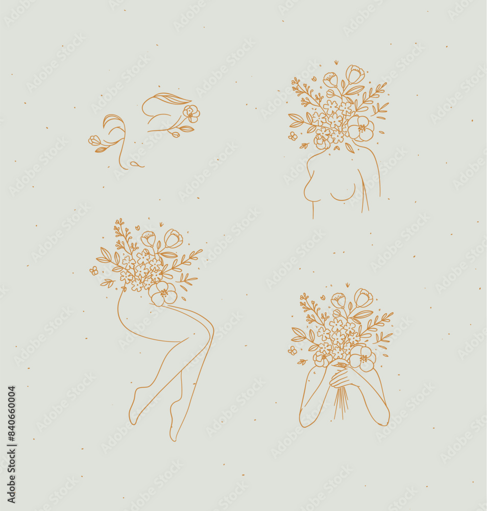 Beauty floral woman modern icons face bust legs hands with flowers drawing in linear style with beige on light background