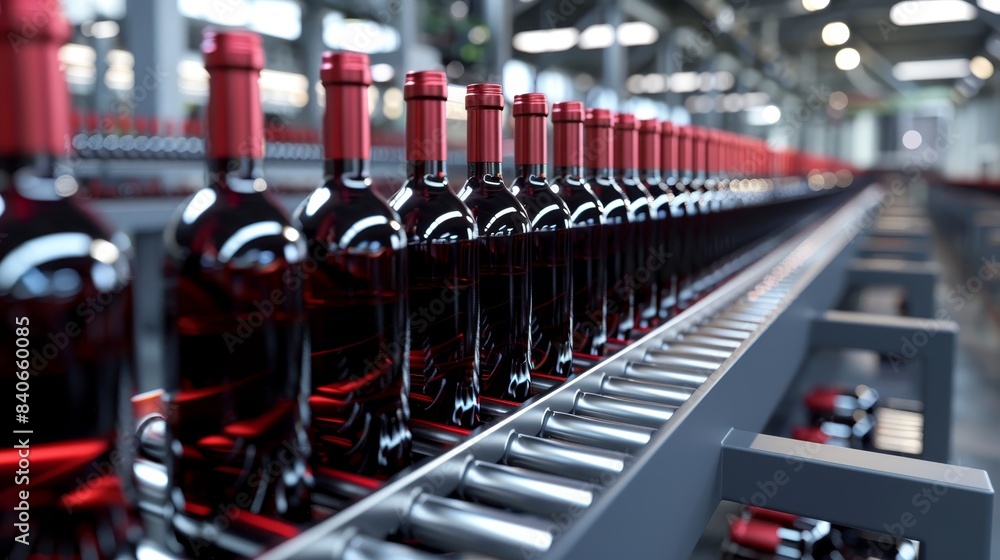 Obraz premium Conveyor belts filled with red wine bottles in a factory setting, minimalist and photo realistic, highlighting the food industry production line