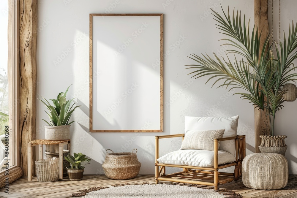 Poster frame mockup in minimalist brown interior created with generative ai Poster frame mockup in minimalist brown interior created with generative ai
