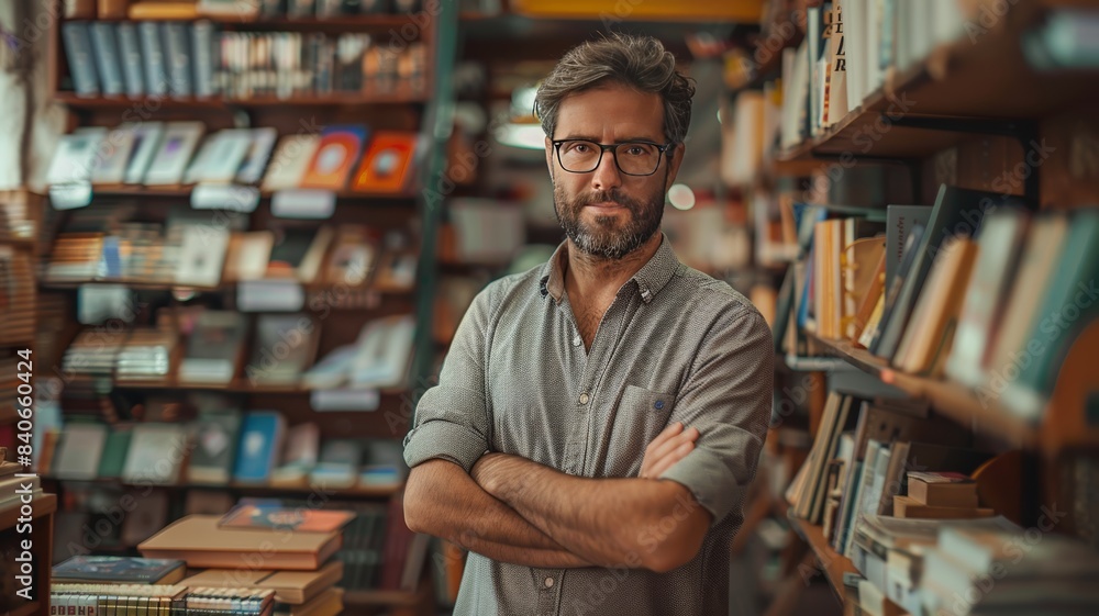 Portrait of a confident man with glasses and beard standing in a cozy, well-lit library filled with books, shelves, and warm atmosphere. Portrait of a confident man with glasses and beard standing in a cozy, well-lit library filled with books, shelves, and warm atmosphere.