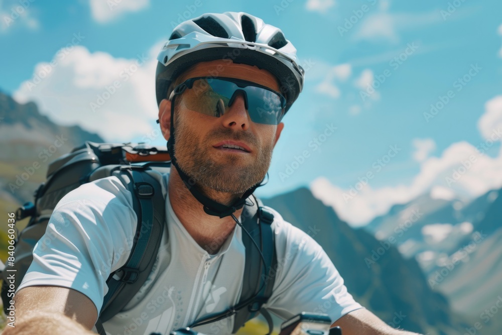 A person riding a bike while wearing a helmet and sunglasses, possibly for safety or style A person riding a bike while wearing a helmet and sunglasses, possibly for safety or style