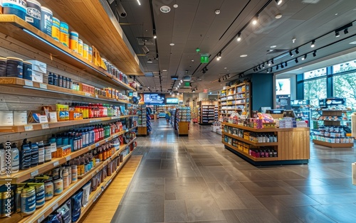 Spacious and modern health and beauty store interior with well-organized shelves, natural lighting, offering a variety of products.
