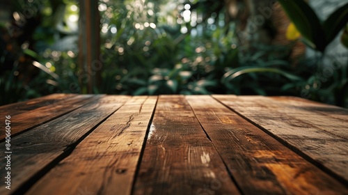 A wooden table with a blurred out-of-focus background