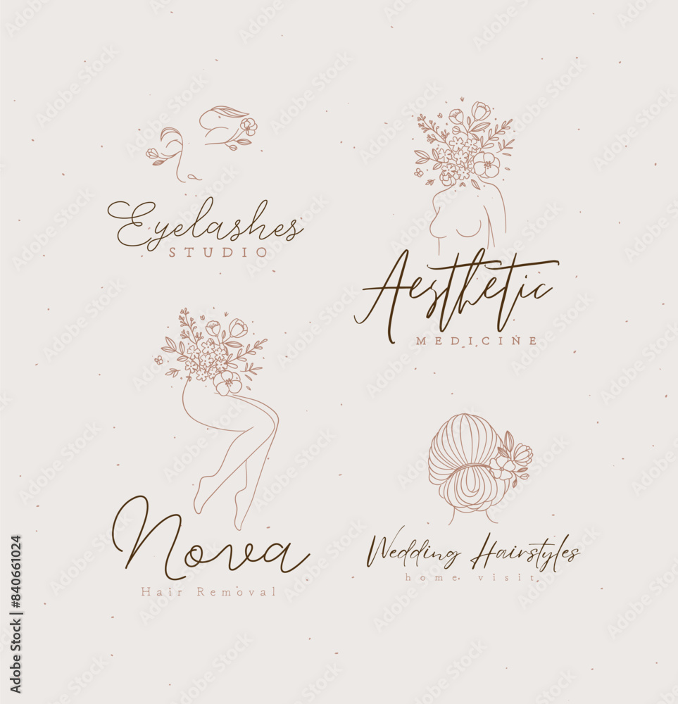 Beauty floral woman modern labels face bust legs head with flowers lettering eyelashes studio, aesthetic medicine, hair removal, wedding hairstyles drawing in linear style on light background