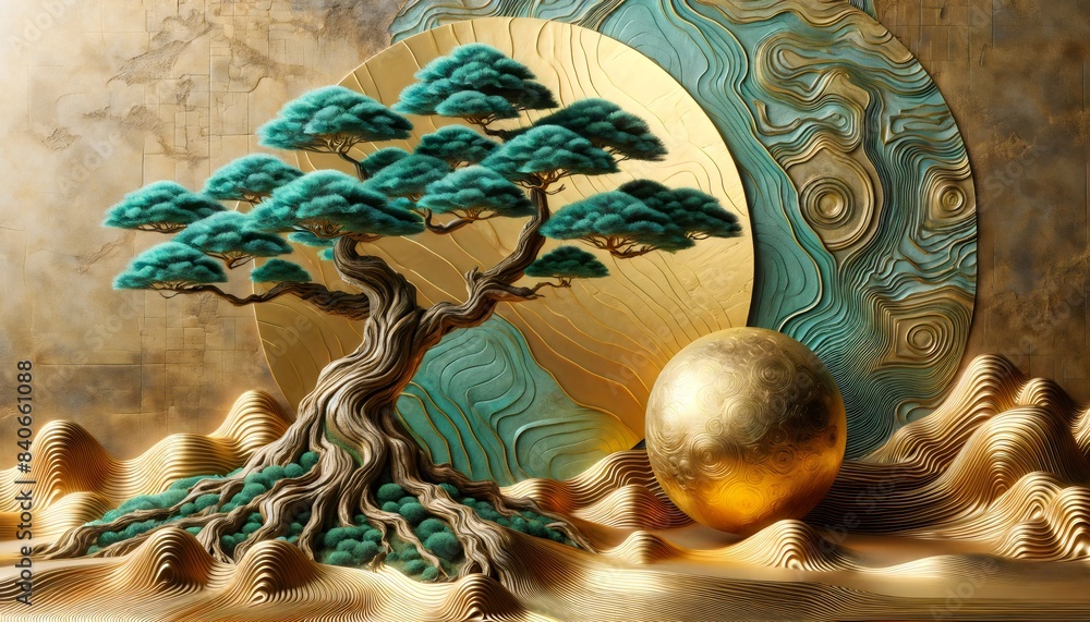 Fototapeta premium An artistically rendered tree with vibrant teal foliage stands strikingly against a textured golden background, accompanied by a glowing orb