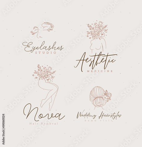 Obraz na płótnie Beauty floral woman modern labels face bust legs head with flowers lettering eyelashes studio, aesthetic medicine, hair removal, wedding hairstyles drawing in linear style on light background w salonie