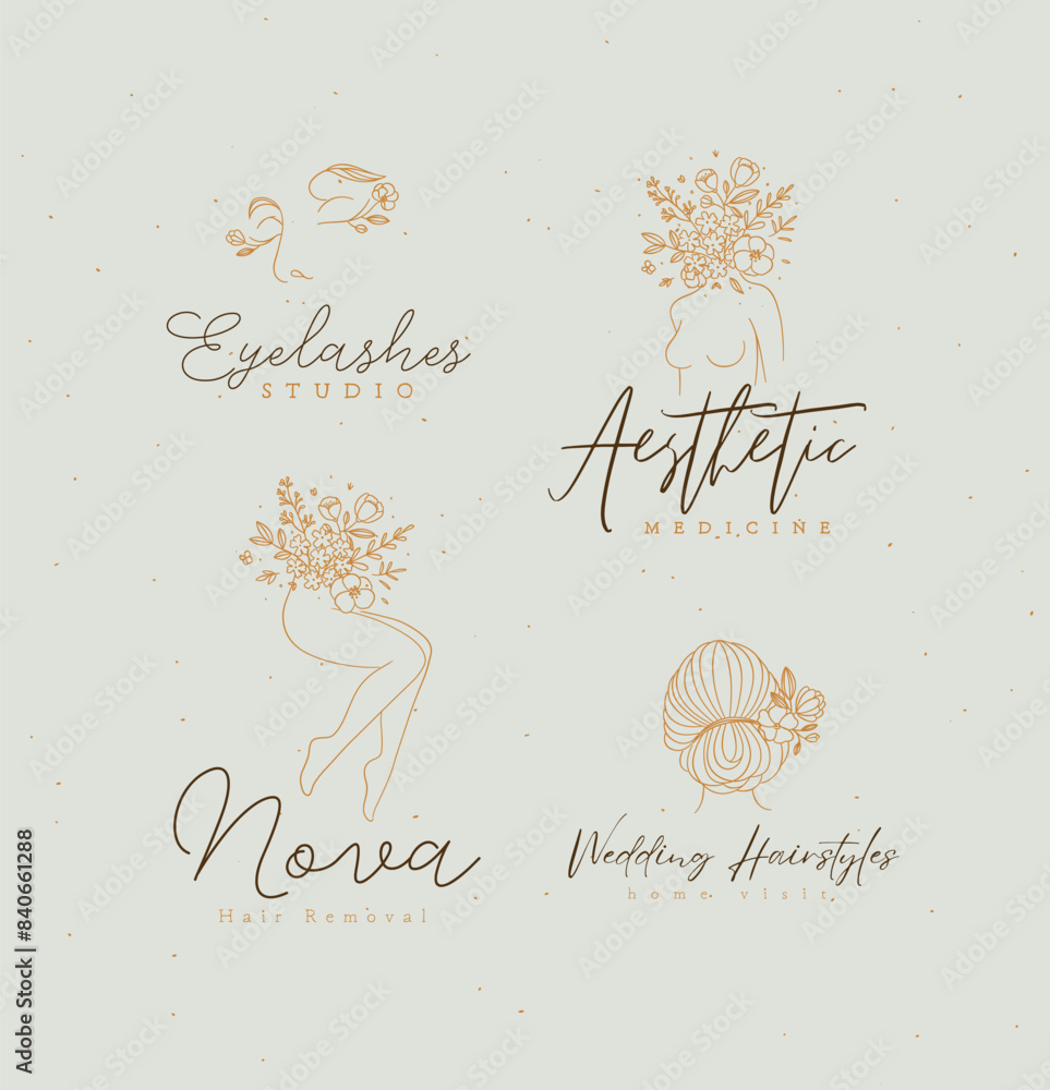 Beauty floral woman modern labels face bust legs head with flowers lettering eyelashes studio, aesthetic medicine, hair removal, wedding hairstyles drawing in linear style on light brown background