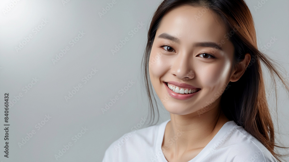 photoshoot for healthy mouth ads, An Asian woman wearing a white shirt smiling with a perfect tooth with white background. photoshoot for healthy mouth ads, An Asian woman wearing a white shirt smiling with a perfect tooth with white background.