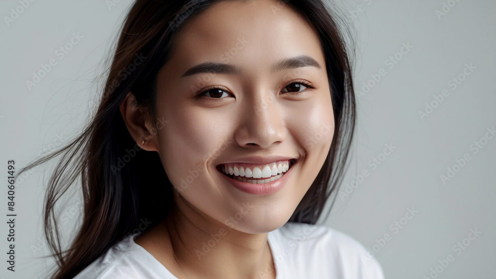 photoshoot for healthy mouth ads, An Asian woman wearing a white shirt smiling with a perfect tooth with white background. photoshoot for healthy mouth ads, An Asian woman wearing a white shirt smiling with a perfect tooth with white background.