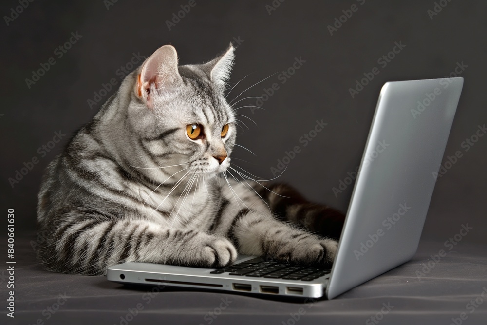 A beautiful cat lounges on a table next to a laptop computer, seemingly engaged in home office work, captured in a detailed and adorable closeup portrait. A beautiful cat lounges on a table next to a laptop computer, seemingly engaged in home office work, captured in a detailed and adorable closeup portrait.