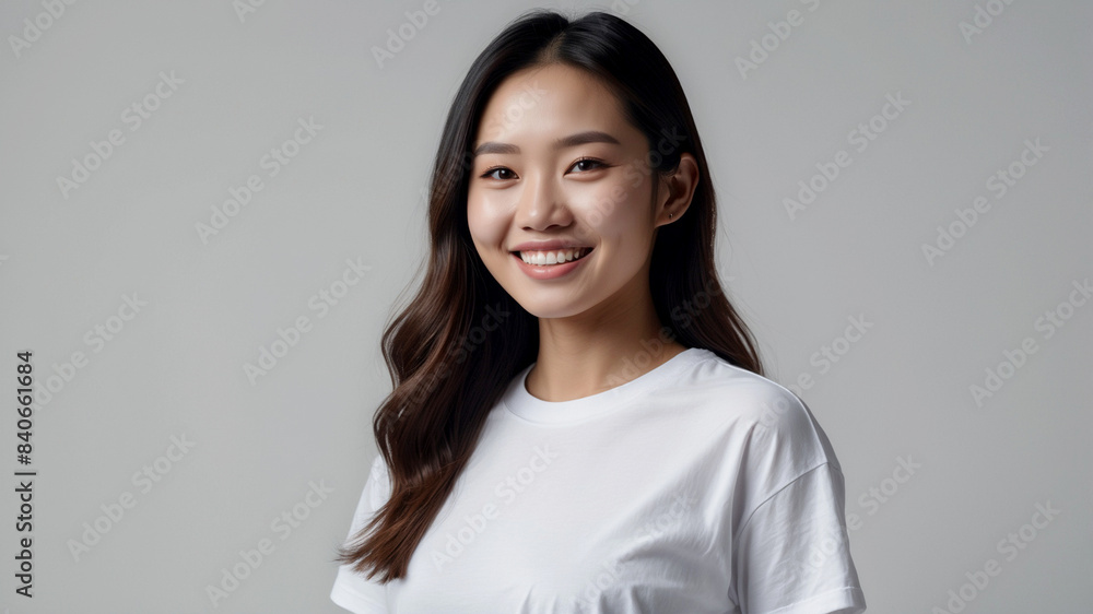 photoshoot for healthy mouth ads, An Asian woman wearing a white shirt smiling with a perfect tooth with white background. photoshoot for healthy mouth ads, An Asian woman wearing a white shirt smiling with a perfect tooth with white background.