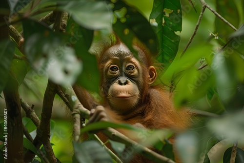 Young orangutan among lush green forest leaves. Nature photo captures wildlife in its natural habitat. Perfect for educational and conservation purposes. Inspires an appreciation for forest life photo