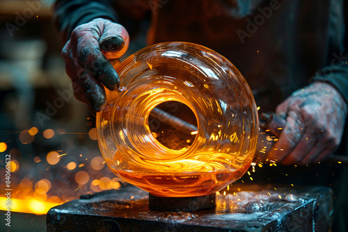 Glassblower shaping molten glass. Artisan at work in glassblowing studio. Craftsmanship and glass art concept for design and print. Close-up photography photo